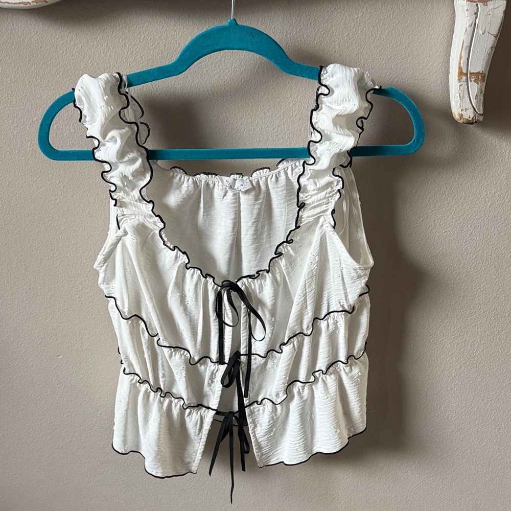 White Ruffle Tie-Front Camisole with Black Trim